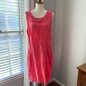 large Linen Pink Sleeveless Dress with Embroidered Neckline made in Italy
